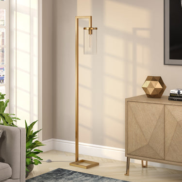 Brass Reading Floor Lamp With Clear Transparent Glass Drum Shade